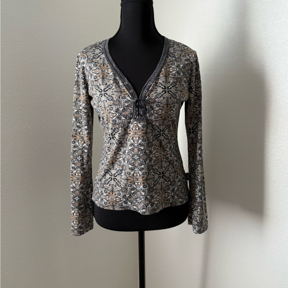 S. Oliver Gray, Tan, and White Long Sleeved Patterned Top- Size Small